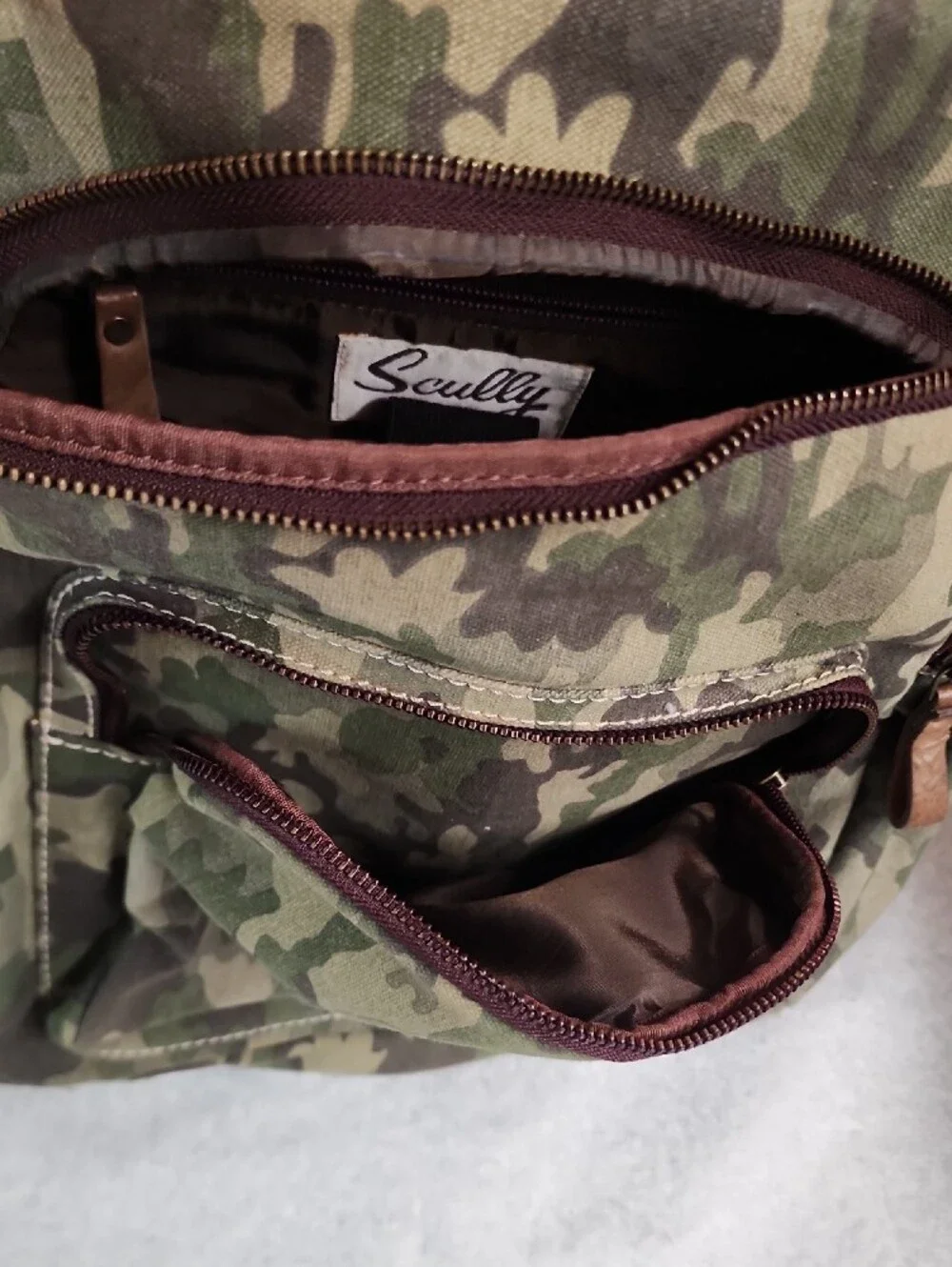 Scully Camouflage & Leather Ranger Canvas Backpack with Brown Trim